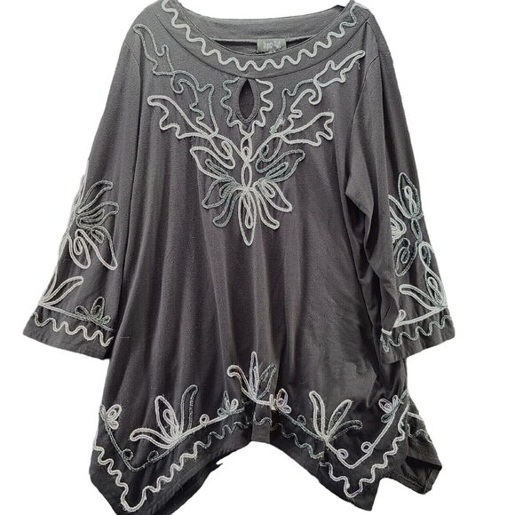 Objects D'Art Womens Blouse Black Size 3/4 Sleeve Pullover Metallic Design - Picture 1 of 12